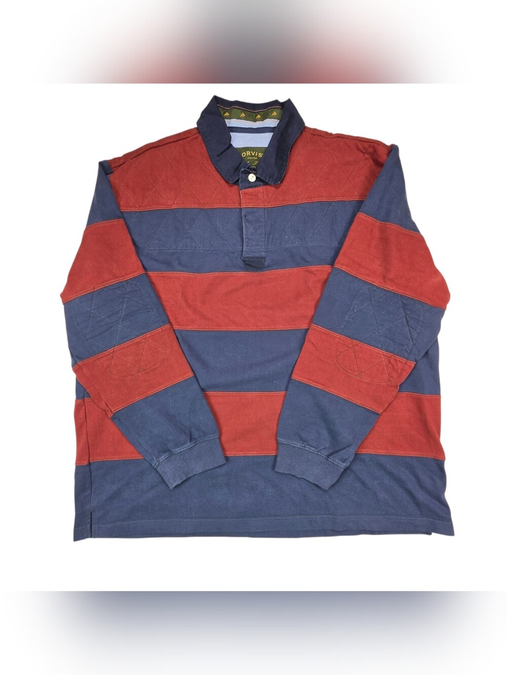 Orvis Rugby Sweater Mens XXL Red Blue Argyle Striped Elbow Patch Fly Fish Logo